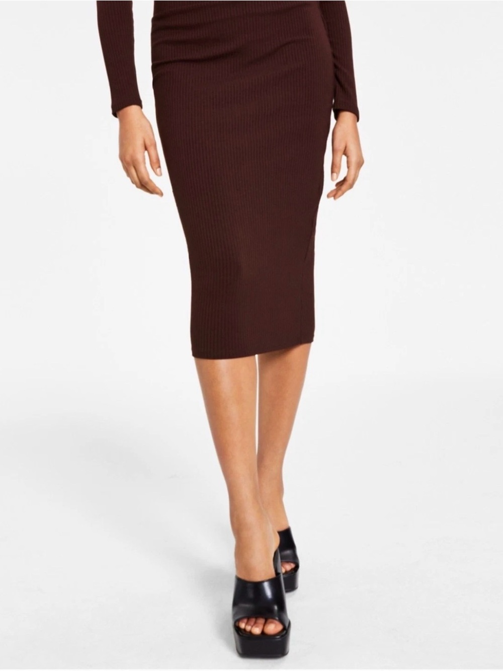 Bar III Chocolate Brown Ribbed Midi Pencil Skirt